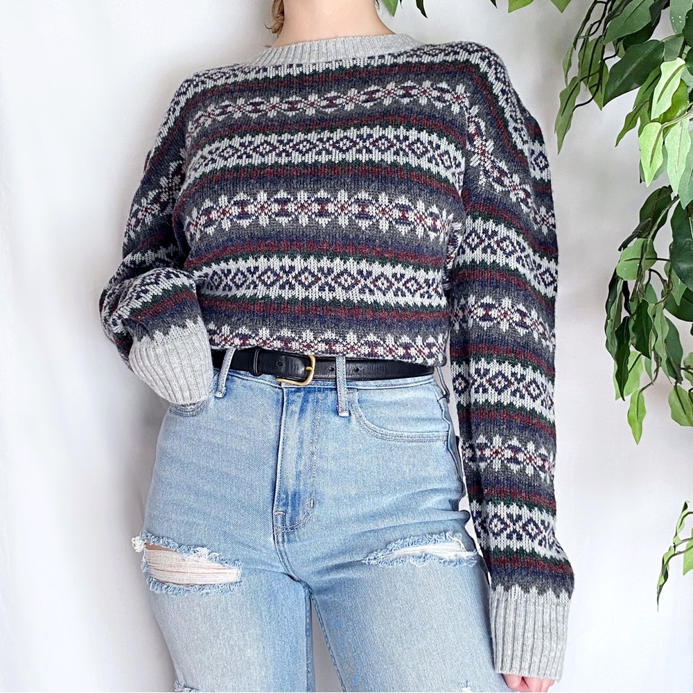 Vintage Oversized Retro Eclectic Fair Isle Printed Drop Shoulder Sweater
